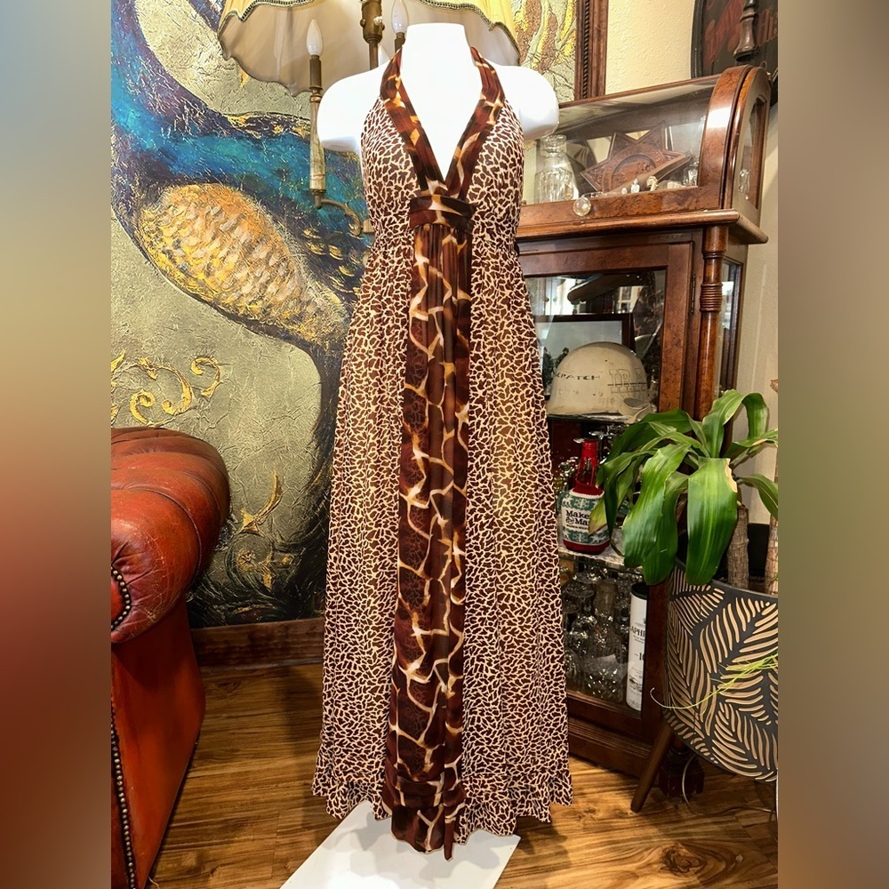 Moda International Brown Leopard Animal Print Halter Maxi Dress - Picture 2 of 7